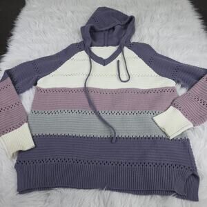 Large Women's Striped Lightweight Hoodie Sweater Purple Cream Open Knit Acrylic